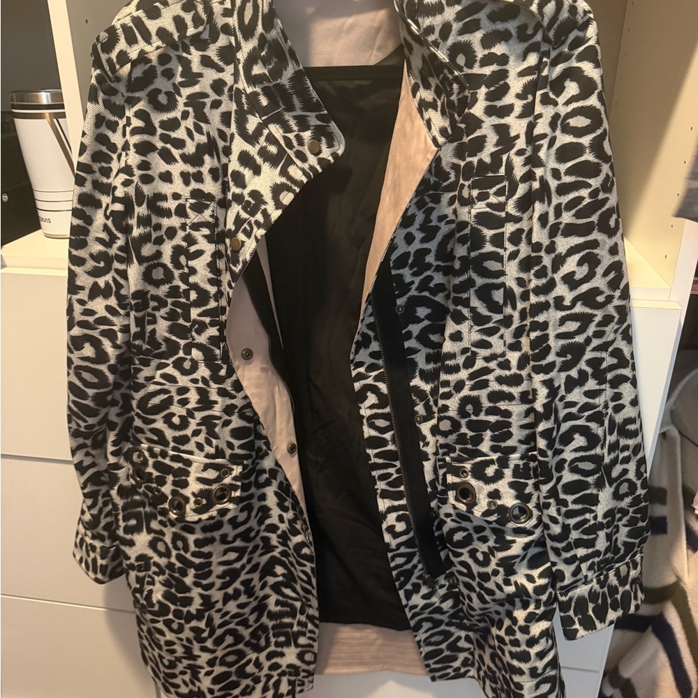 Chico's Black and White Leopard-Print Trench Coat
